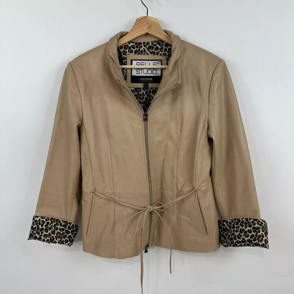 Wilson's Leather Pelle Studio Beige Tan Women Two Way Zip Jacket Sz M Tie Waist
